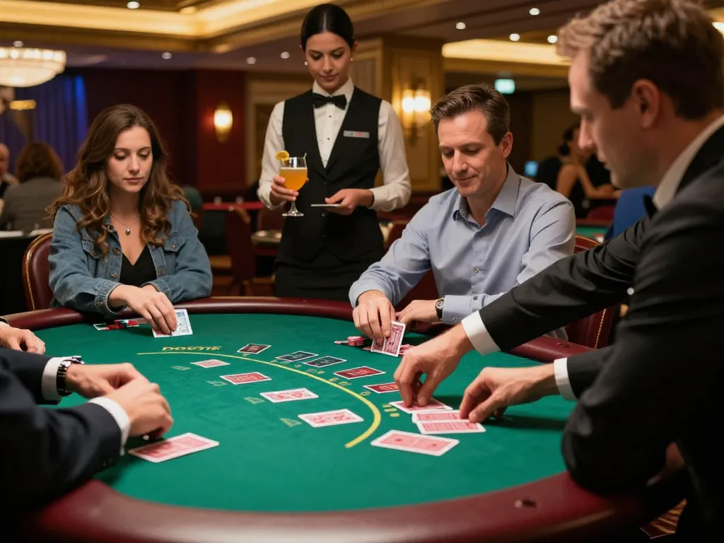 Players engaging at the 98win blackjack table under warm casino lighting