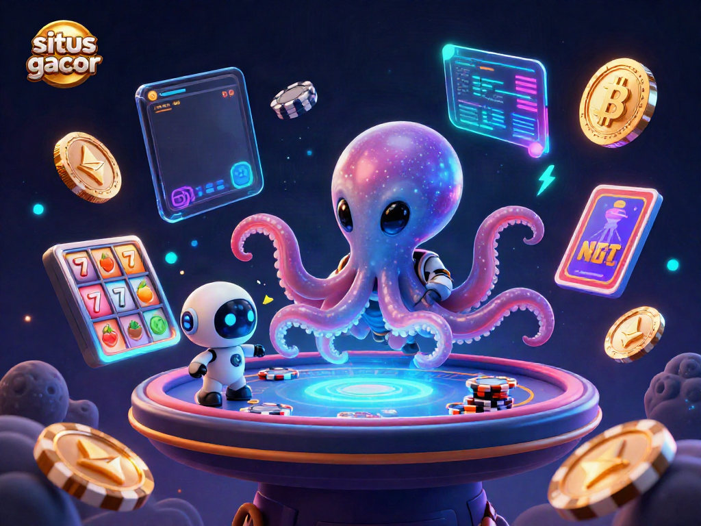Gambarlah situs slot gacor dengan alien dan robot, simbol slot, dan mata uang kripto di sekitar mereka.