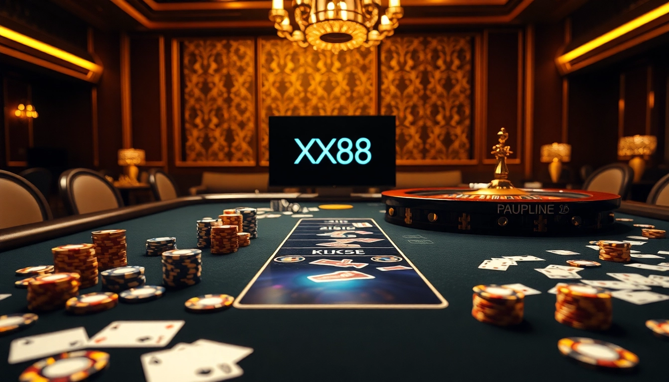 Experience thrilling gaming at XX88 with a luxurious poker table showcasing vibrant chips and cards.