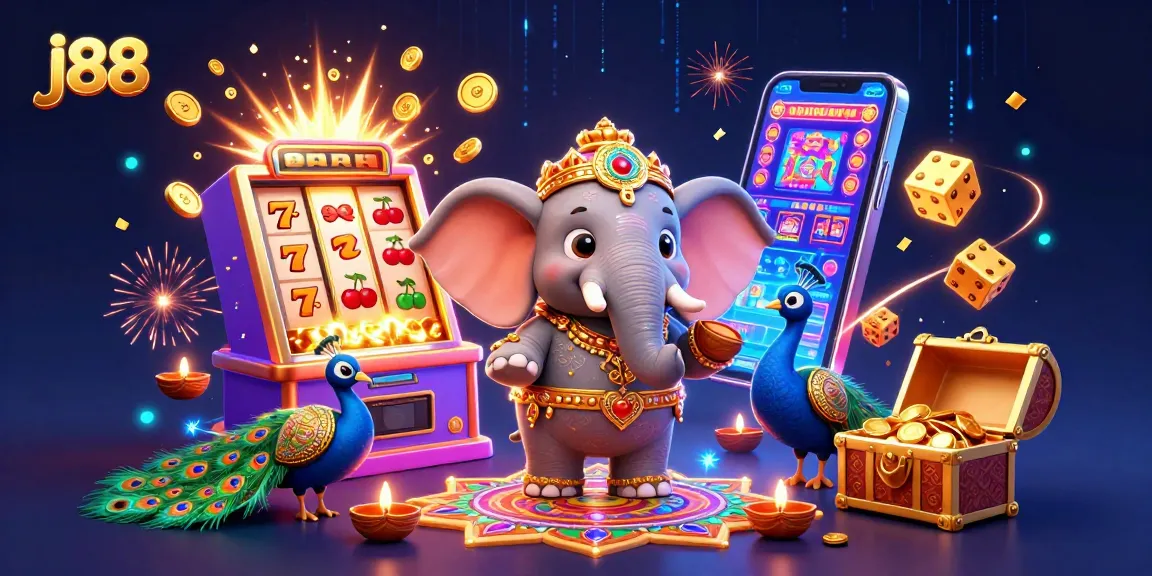 Spin the j88 jackpot with colorful casino symbols and vibrant festive characters!