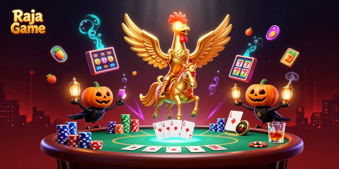 Raja Game captures excitement with golden rooster gaming in a vibrant casino scene.