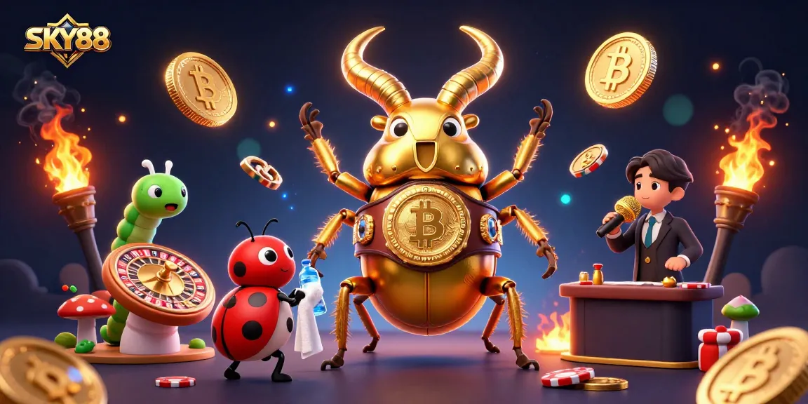 Engage in thrilling action at SKY88 with a golden stag beetle, vibrant casino elements, and a lively atmosphere.