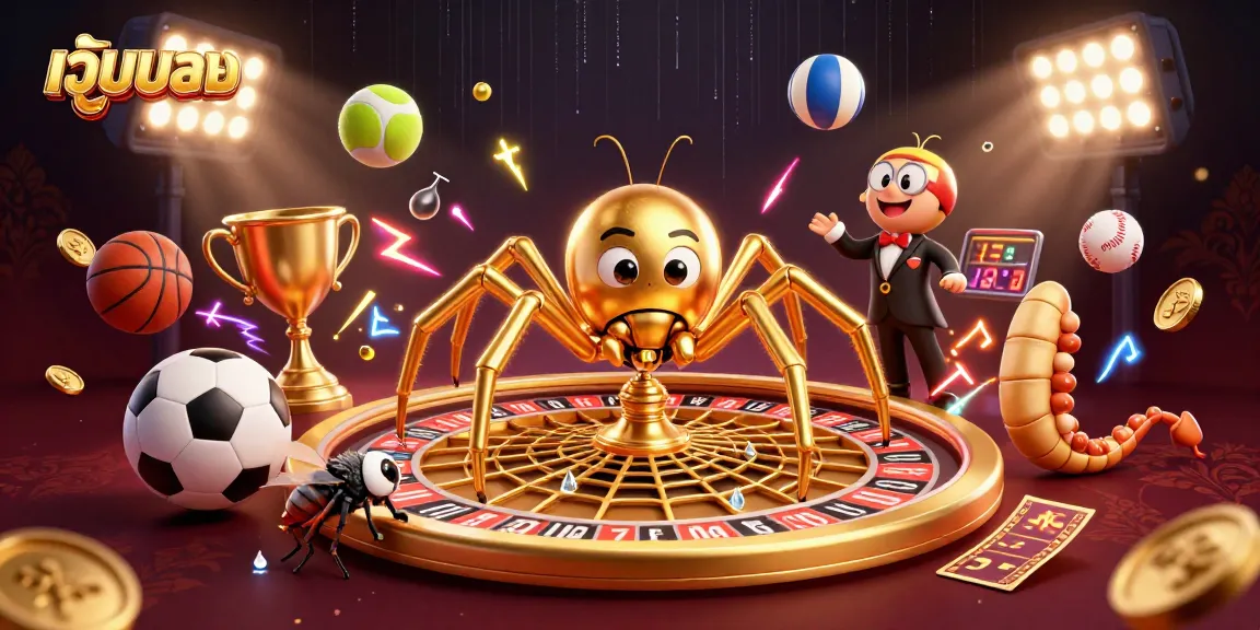 Engage in เว็บบอล action as the golden spider spins a roulette web, surrounded by dynamic sports elements.