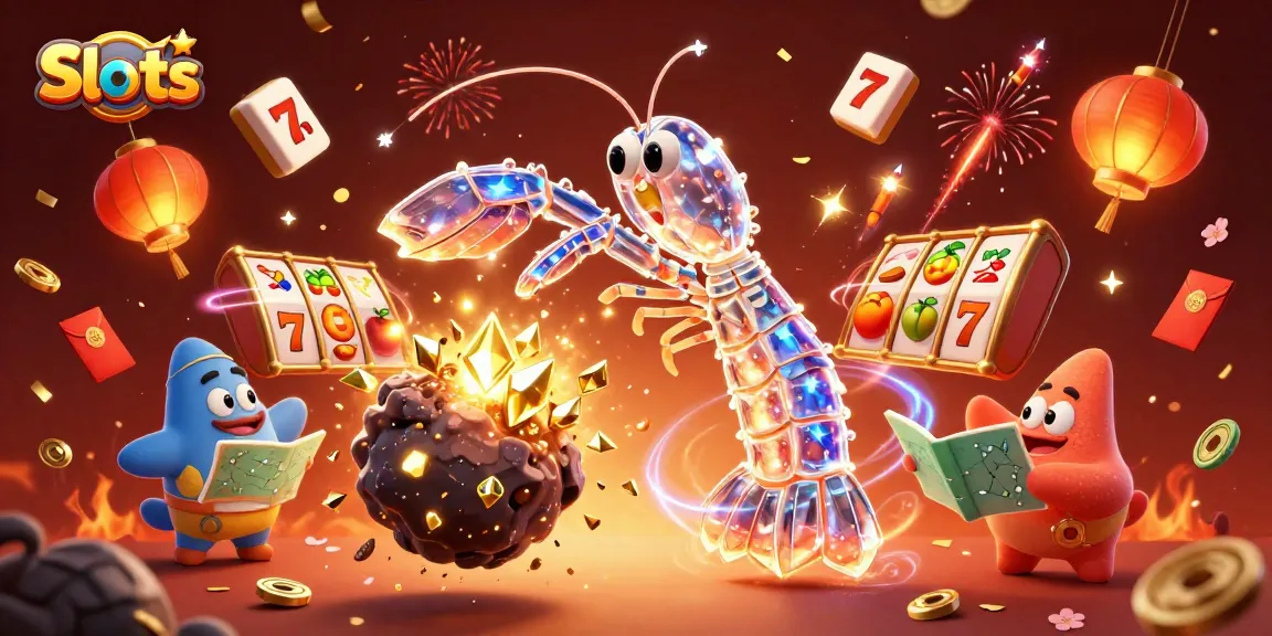 Spin the Slots with a galactic mantis shrimp and treasure explosion in this dynamic casino illustration.