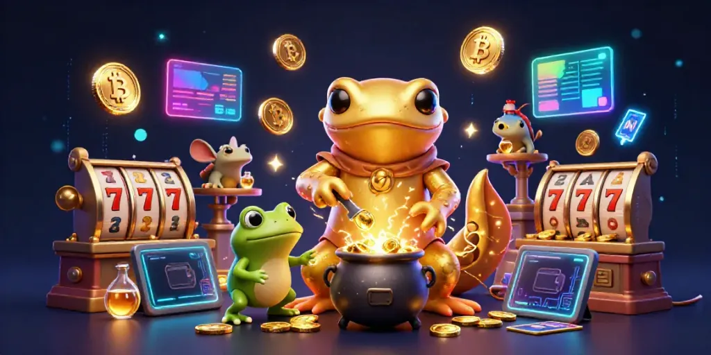 Spin the reels of vibrant slot machines in this magical scene with golden alchemist characters.