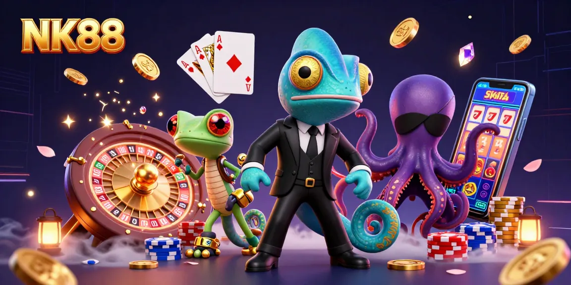 Join the excitement at NK88 with a vibrant illustration of a thrilling casino scene filled with colorful characters and game elements.
