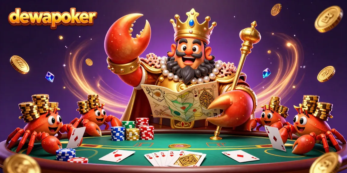 Dewapoker showcases a golden crab emperor and poker game action surrounded by winning elements like chips and cards.