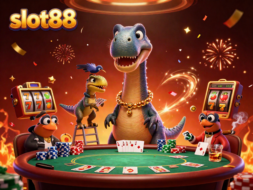 Experience the thrill of slot88 with a giant brontosaurus overlooking the casino action, featuring dynamic game elements.