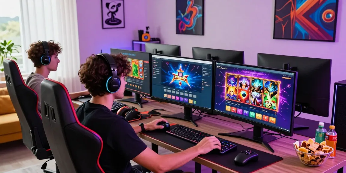 Engaging player exploring new online slot sites at a vibrant home gaming setup.