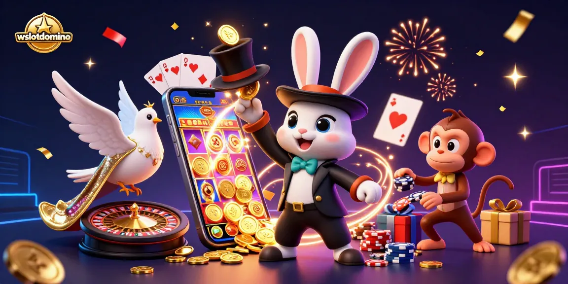 Gambaran 3D menakjubkan dari wslotdomino menampilkan karakter kasino dengan koin emas dan permainan slot yang berputar.