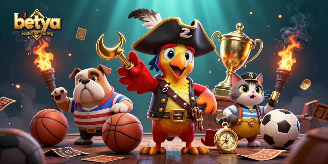 Engage in betya basketball betting with lively pirate-themed characters surrounded by sports symbols.