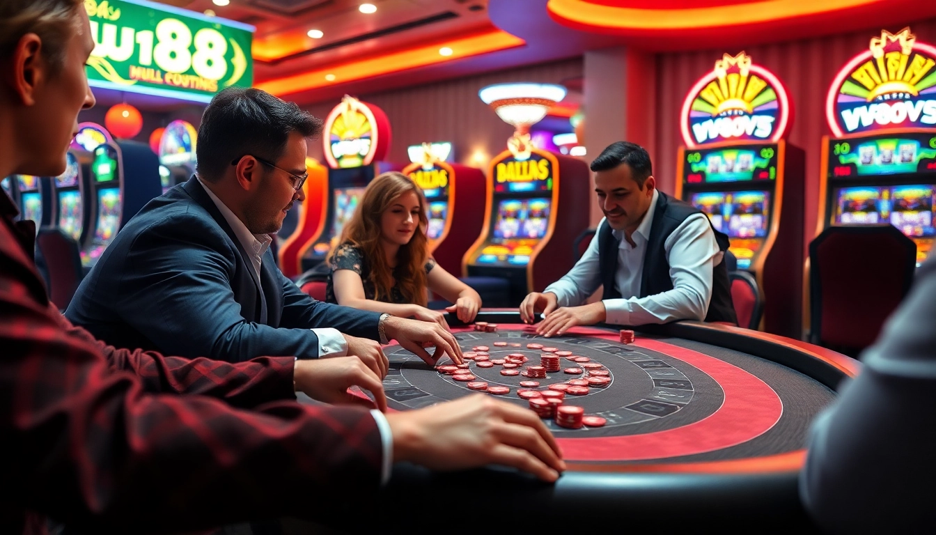 Experience thrilling gameplay at w88 casino with vibrant gaming table and lively players.