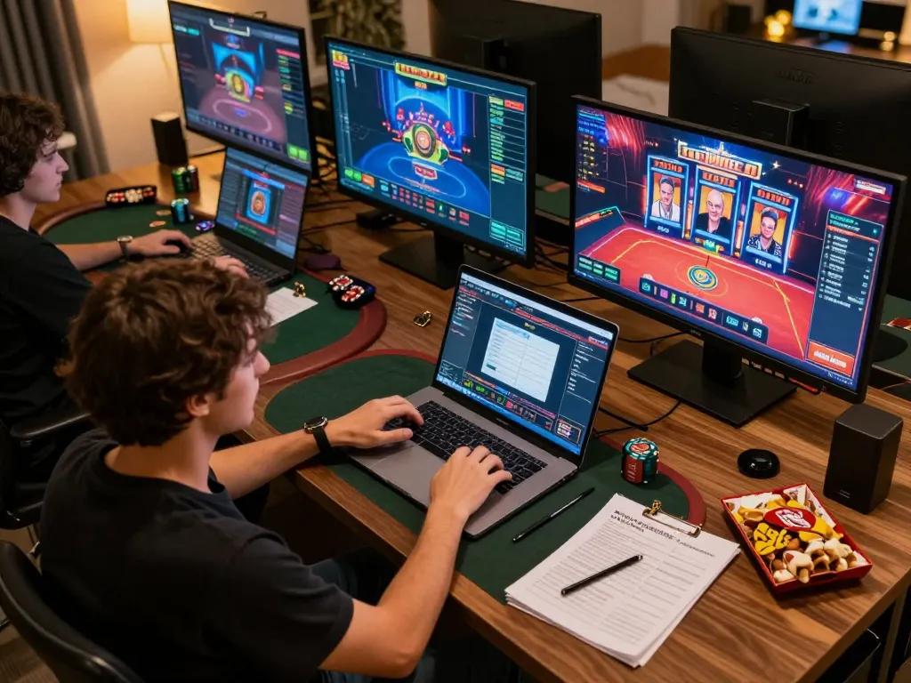 Hi88 player engaging in an online poker game in a cozy setting with strategy notes nearby