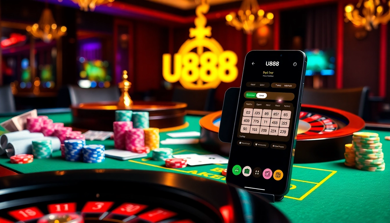 Experience thrilling gaming at U888 with vibrant casino elements including poker chips and cards.