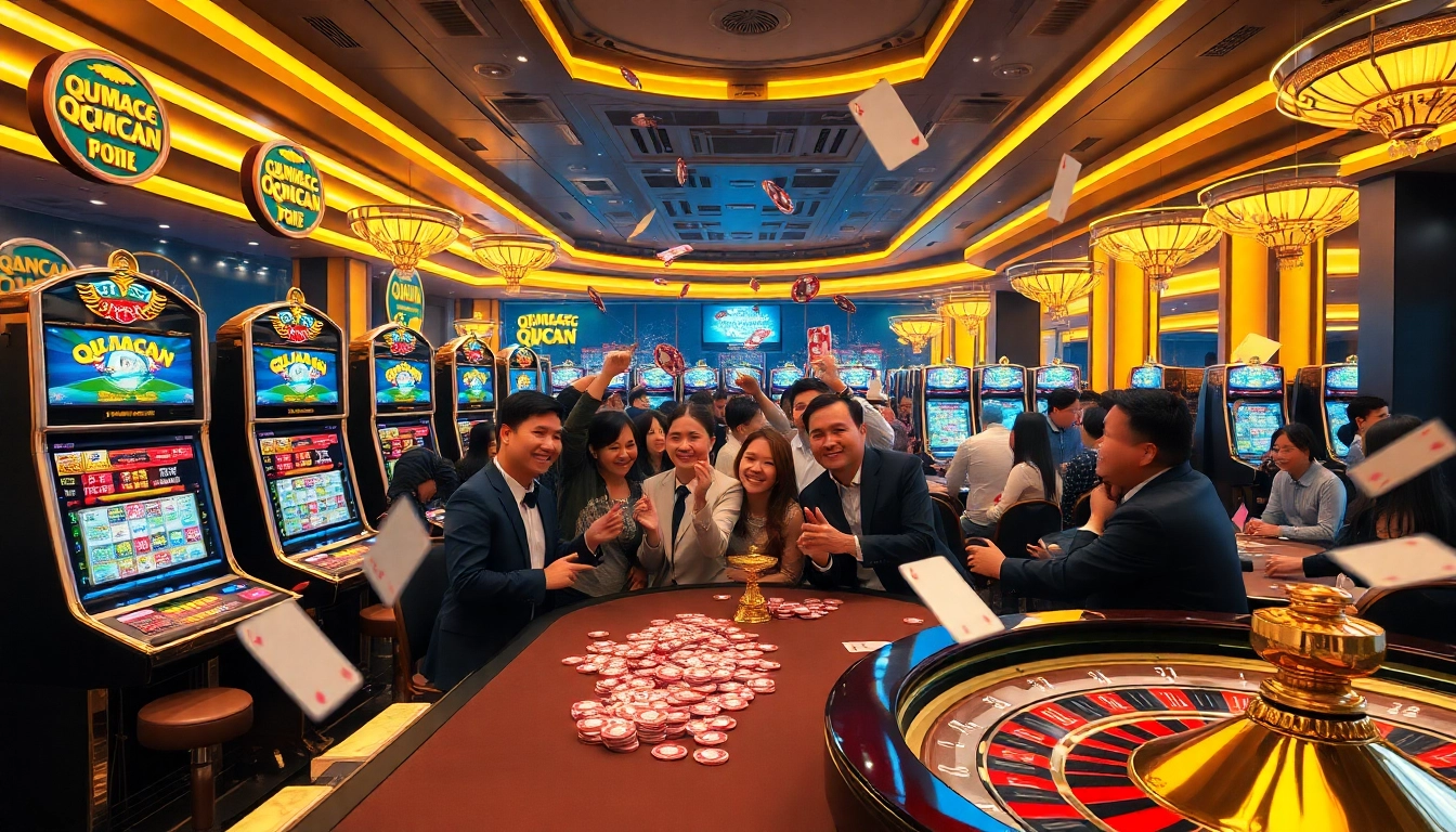 Engaging gamblers at QQMacan slot machines in a luxurious casino environment with vibrant atmosphere.