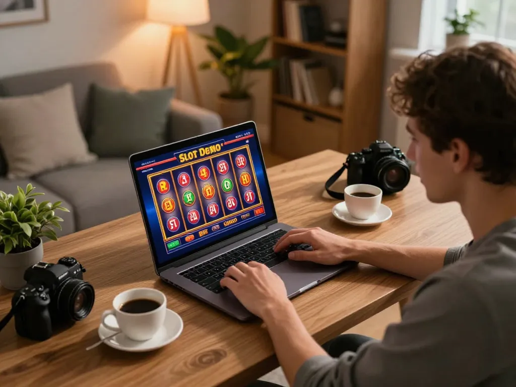 Memainkan Slot Demo PG Soft Lengkap di laptop di lingkungan kantor rumah yang nyaman, menangkap kegembiraan permainan online.