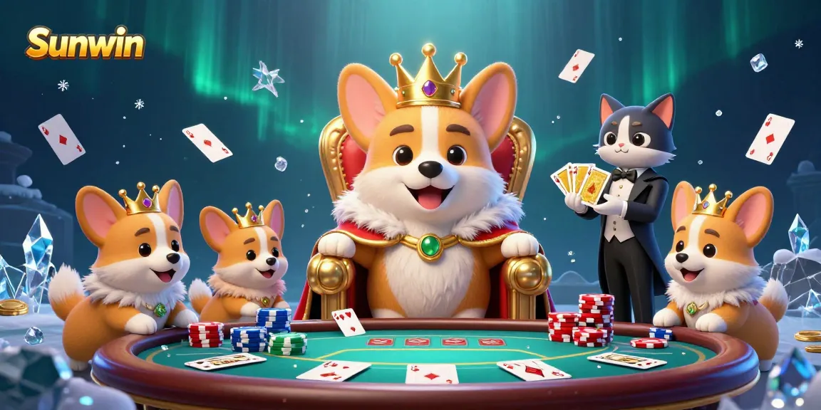 Experience the Sunwin casino thrill with royal corgis and poker elements in this colorful illustration.