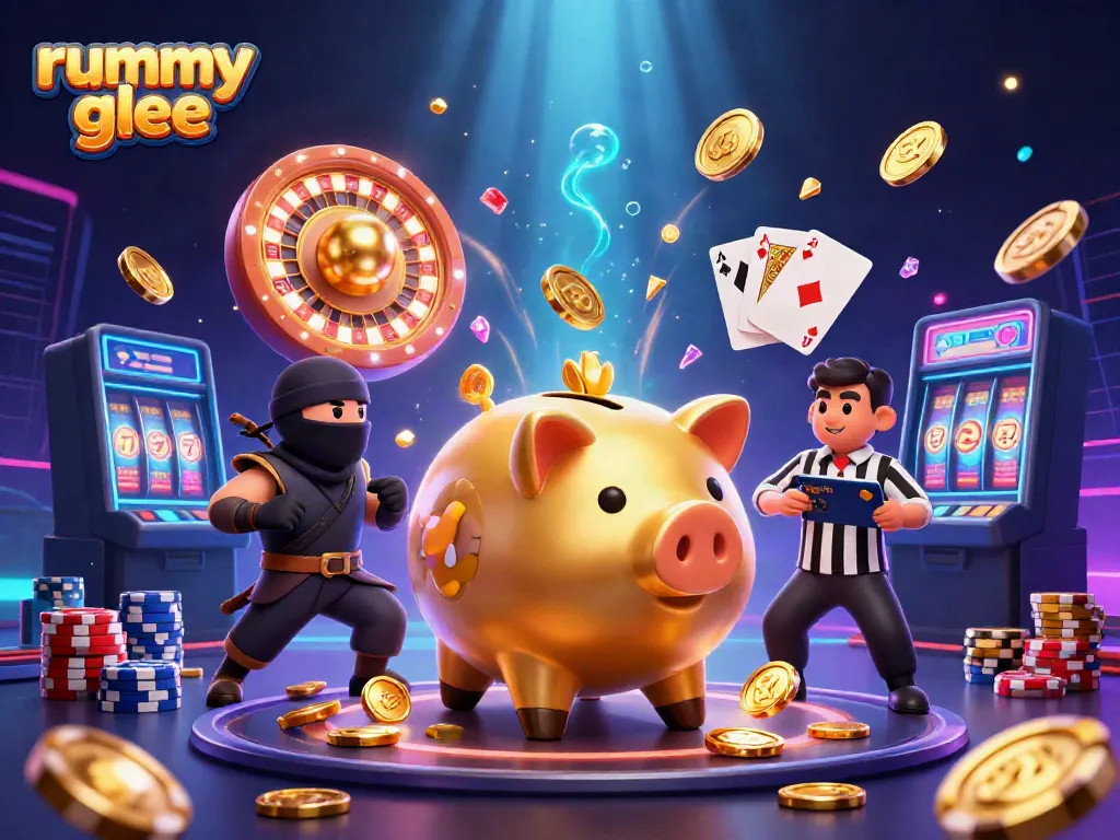 Rummy Glee, mesin slot dan piggy bank karakter menyeramkan dalam suasana kasino yang dinamis
