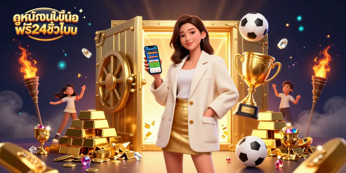 Engage with ดูหนังออนไลน์ฟรี24ชั่วโมง, featuring a photorealistic Asian woman showcasing a sports betting app amid luxurious gold elements.
