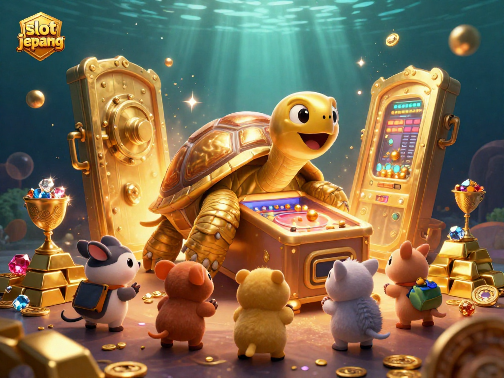 Engage in slot jepang excitement with a vibrant scene showcasing a colossal tortoise pinball machine surrounded by treasures.