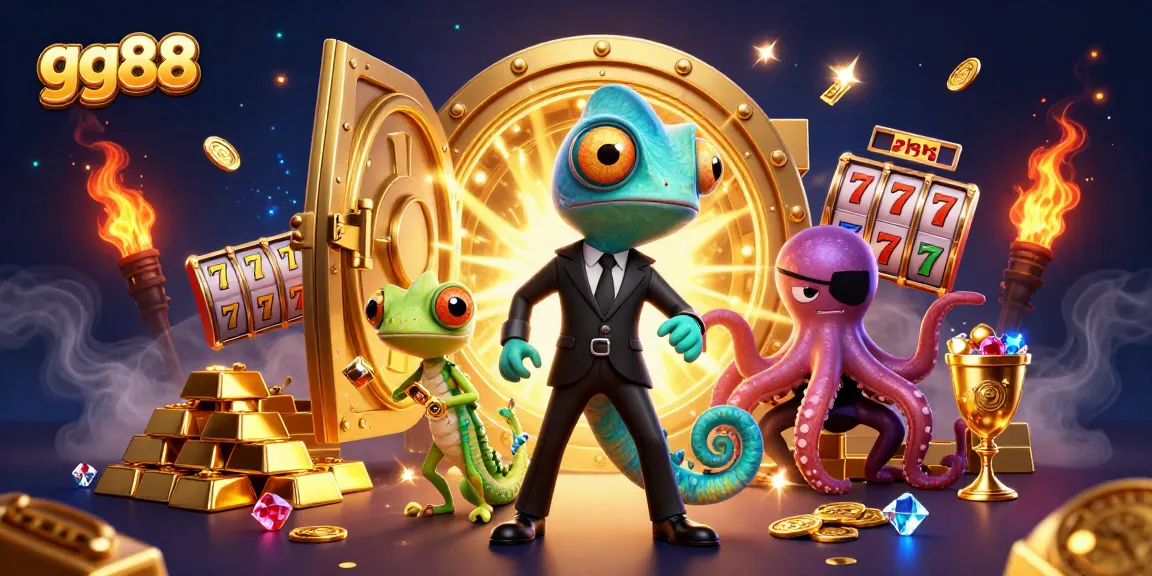 Engage in thrilling 3D casino action with gg88's vibrant characters amidst treasures.