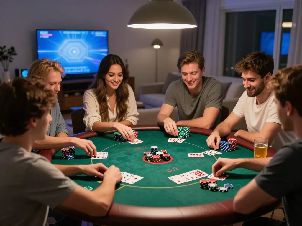 Players enjoying a friendly poker night at home, showcasing strategy with Slot88 cards and vibrant chips in play