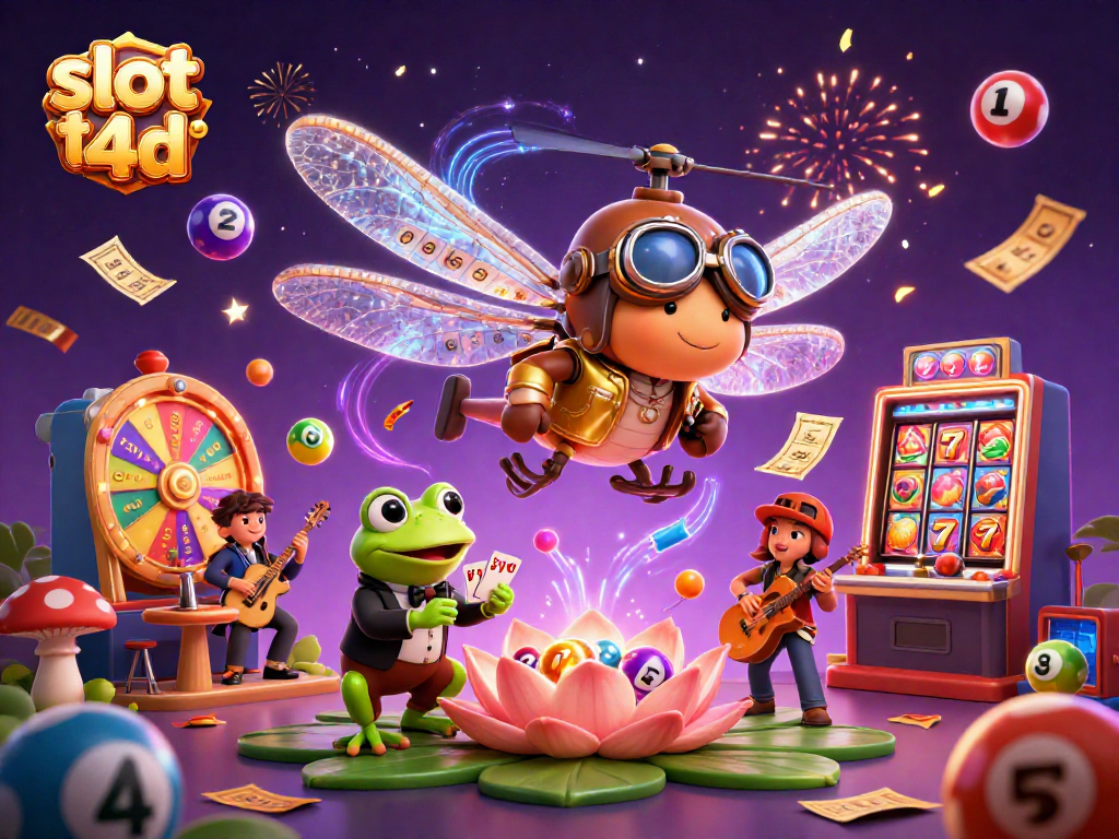 Engage with slot toto 4d at the lively casino scene featuring a dragonfly pilot, frog dealer, and vibrant game elements.