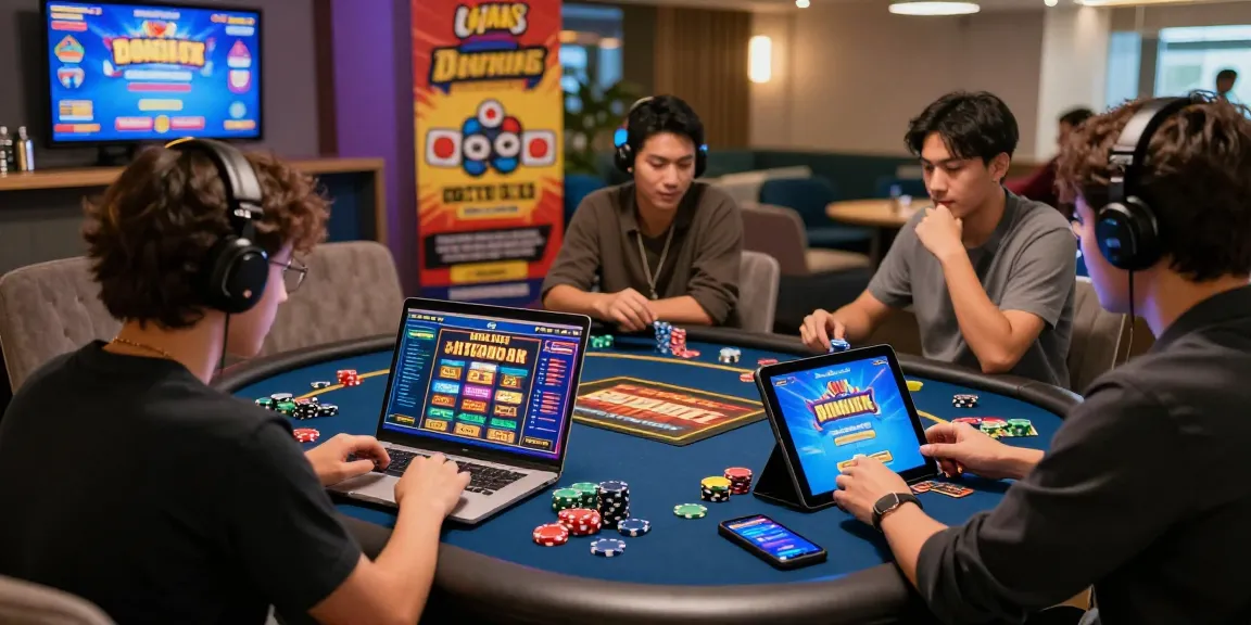 Engaged players enjoying online casinos Australia with vibrant atmosphere and modern gaming props.