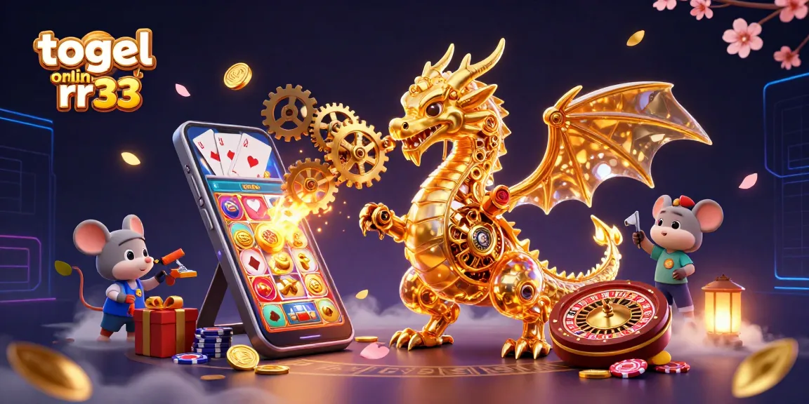 Experience the captivating world of togel online rr33 with thrilling digital illustrations of a golden dragon and gaming elements.