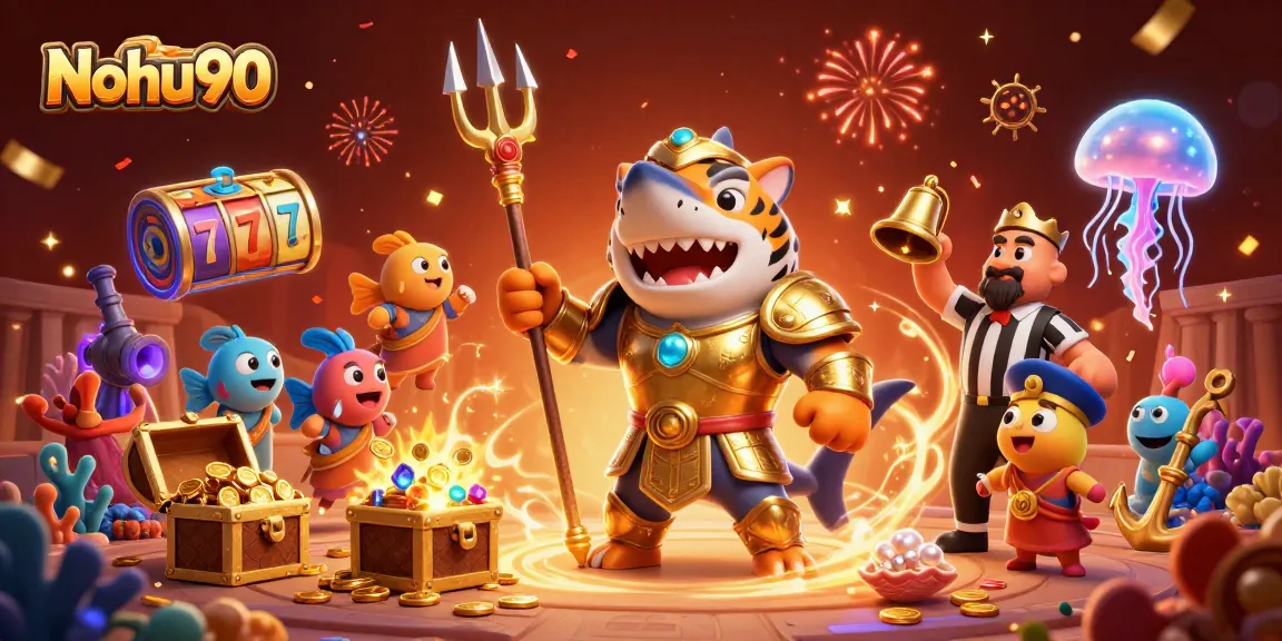 Nohu90 showcases a thrilling underwater battle featuring a shark in gladiator armor amidst casino elements.
