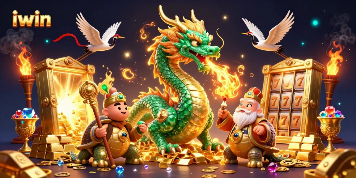 Spin the iwin slots with a magical emerald dragon guarding treasure in this grand casino scene.