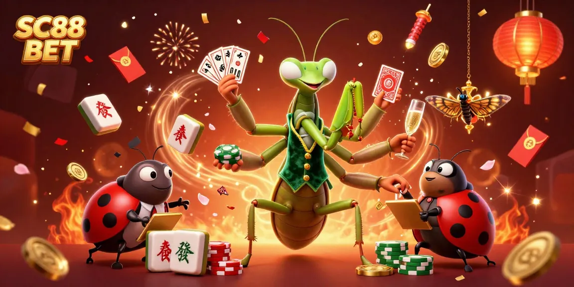 Engaging SC88 BET illustration of a playful praying mantis and ladybug in a vibrant casino atmosphere.