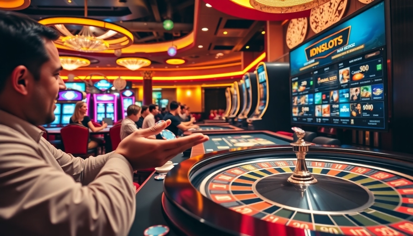 Players enjoying the thrill of IDNSLOT games in a vibrant casino setting with luxurious details.