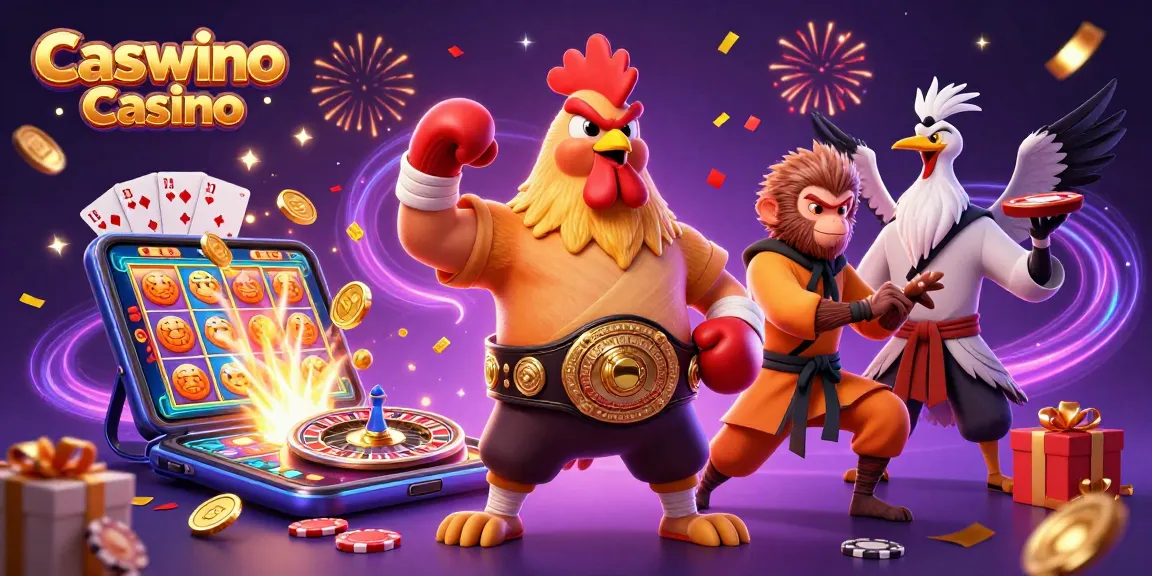 Experience the thrills of Caswino Casino with a vibrant 3D illustration featuring casino games and fierce characters.