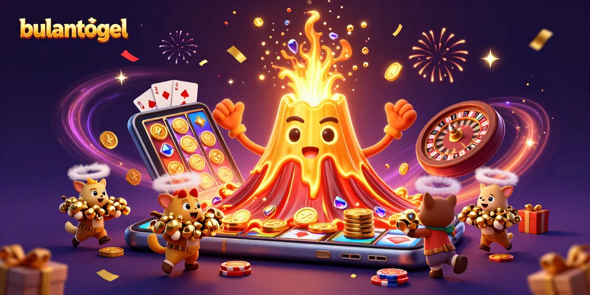 Gambar bulantogel dengan gunung berapi emas yang menyembur koin dan harta, menggambarkan kemenangan.
