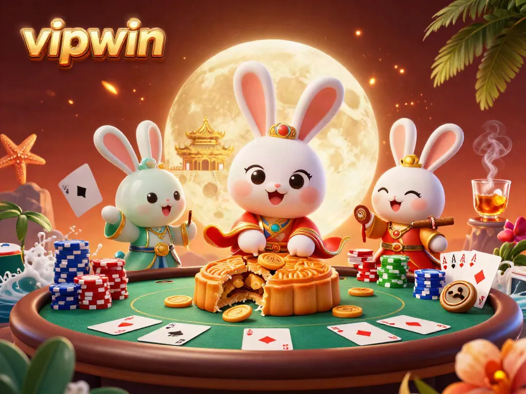 Experience exciting gaming with vipwin as the cartoon moon rabbit plays with poker chips amidst a colorful casino scene.