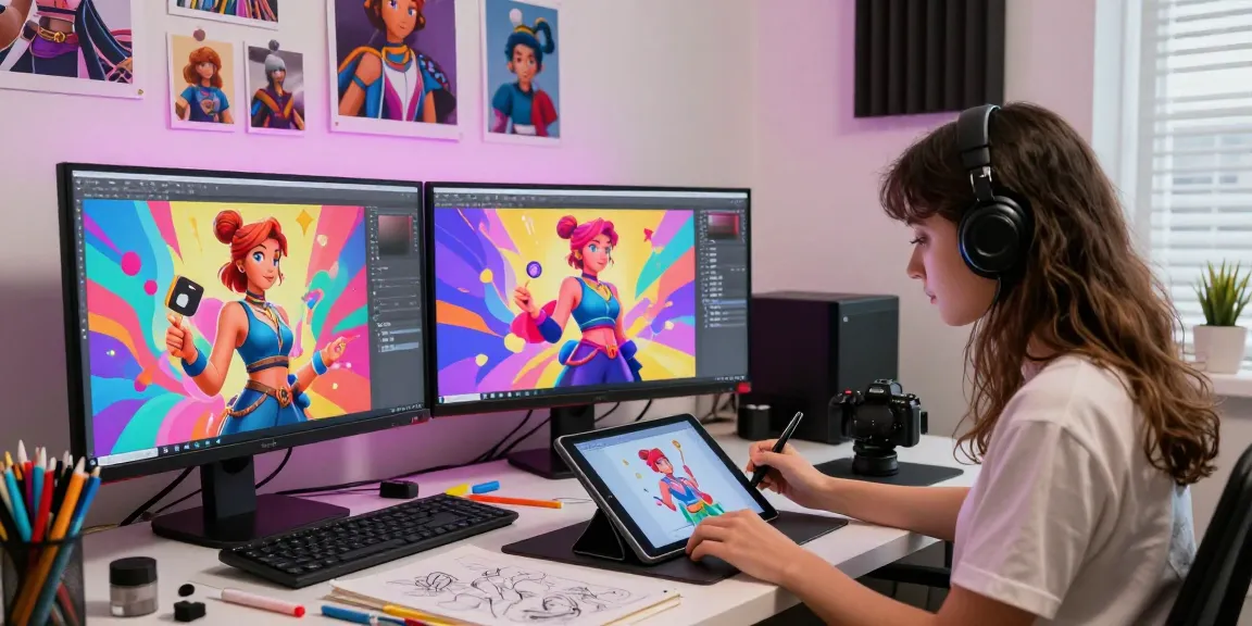 Engaging workspace of a digital artist creating NSFW AI characters in a vibrant environment