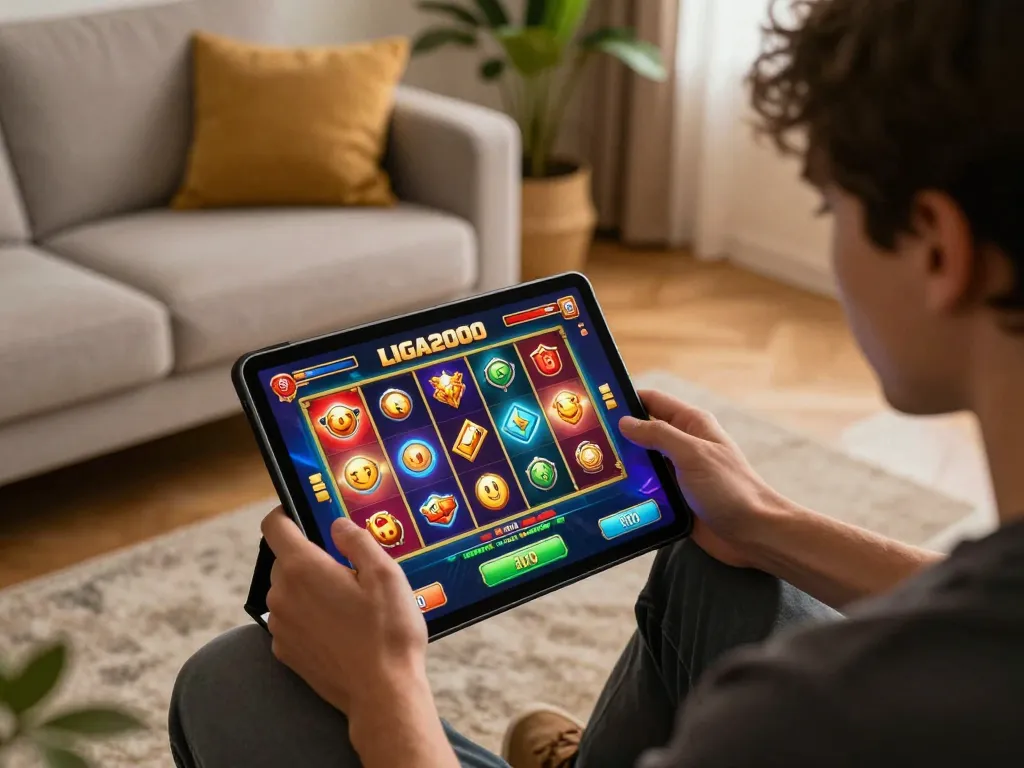 LIGA2000 online casino player enjoying an interactive slot game on a modern tablet in a cozy home setting.