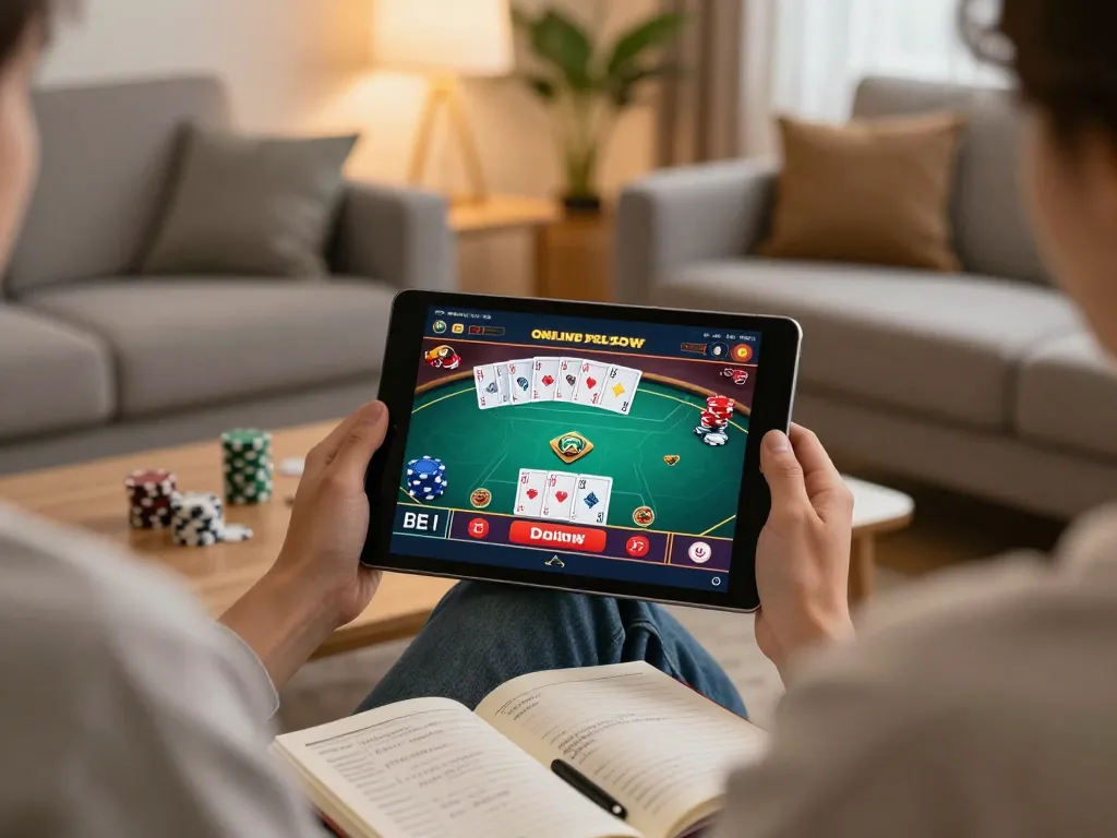 Player engaging with nk88 casino app on tablet in cozy home setting.