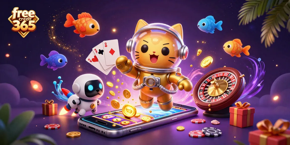 Engage with free credit 365 in an exciting casino adventure featuring an astronaut cat and a robot dog amidst colorful slot games.