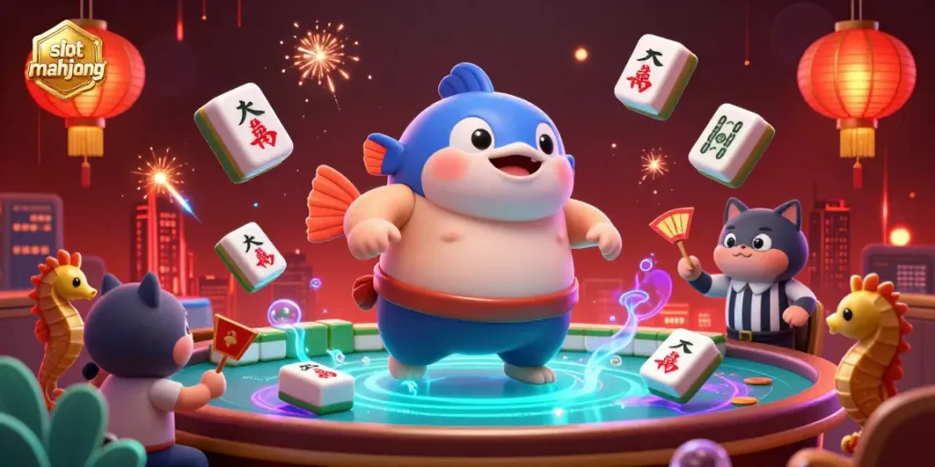 Experience thrilling gameplay action in slot mahjong as fugu, catfish, and seahorse embody fun at a vibrant underwater casino.