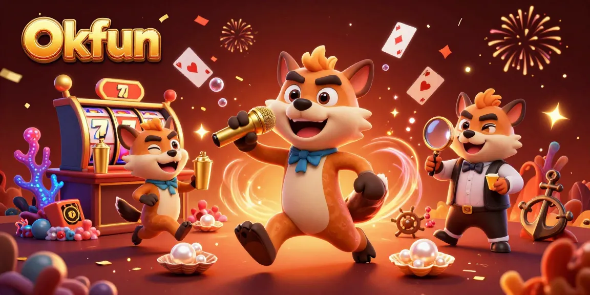 Okfun brings fun in a lively casino scene with hyenas, slots, and dynamic elements.