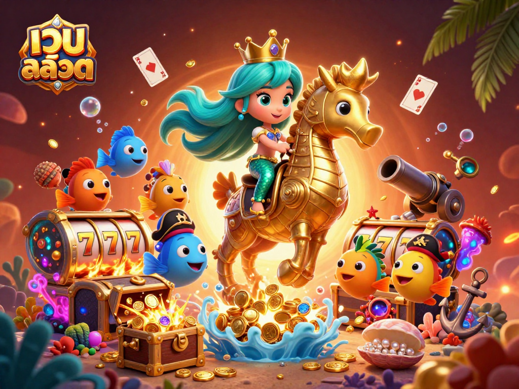 Experience thrilling เว็บสล็อต action with a charming mermaid and lucky slot reels amidst ocean treasures.