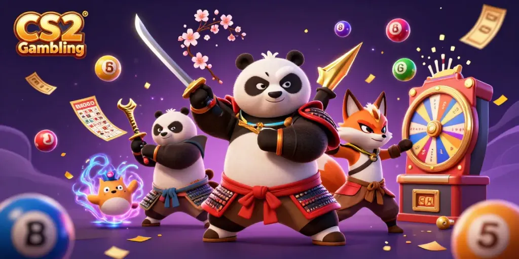 Engage in CS2 Gambling with samurai panda and ninja fox amidst lottery elements and magical visuals.