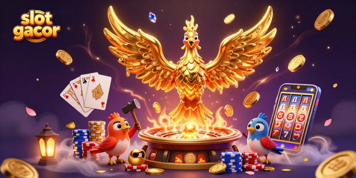 Menggambarkan slot gacor dengan phoenix emas dan simbol keberuntungan dalam ilustrasi 3D yang menakjubkan.