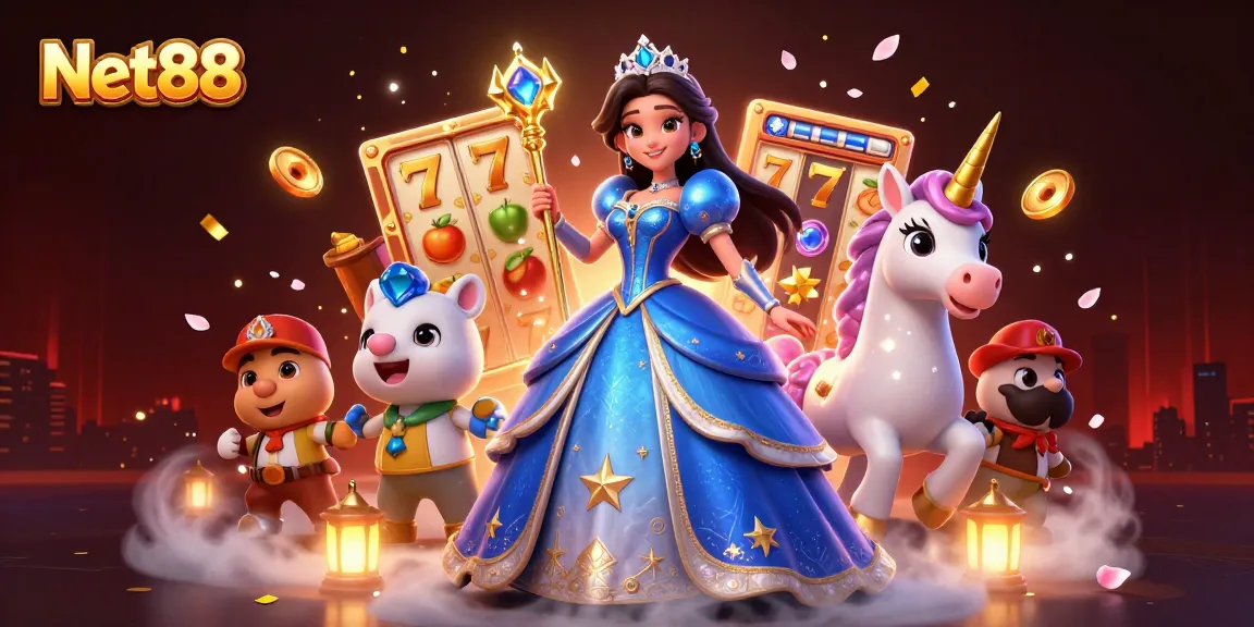 Experience thrilling gameplay at Net88 with vibrant visuals of slots and an enchanting scene.