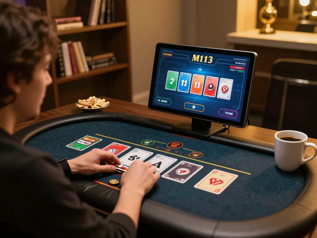 Engaging in the m113 online poker game on a tablet with cozy home ambiance