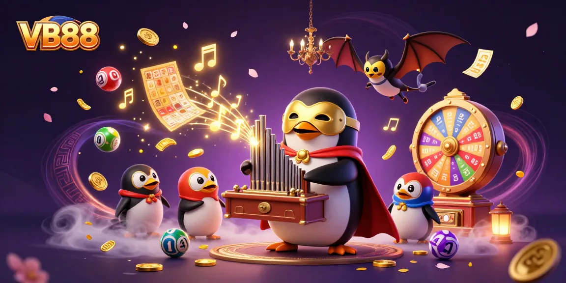 VB88 penguin organist amidst lottery balls and golden tickets in a vibrant casino scene.