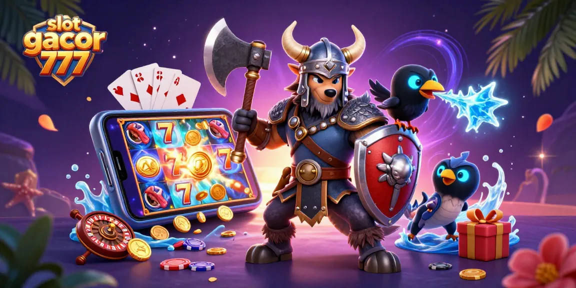 Experience the thrill of slot gacor 777 with vibrant graphics depicting a Viking warrior, dragon, and gaming elements.