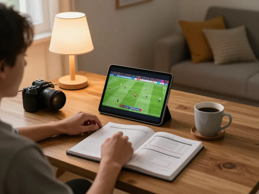 Person enjoying Luongsontv live football matches on a tablet at home, showcasing modern gaming setup